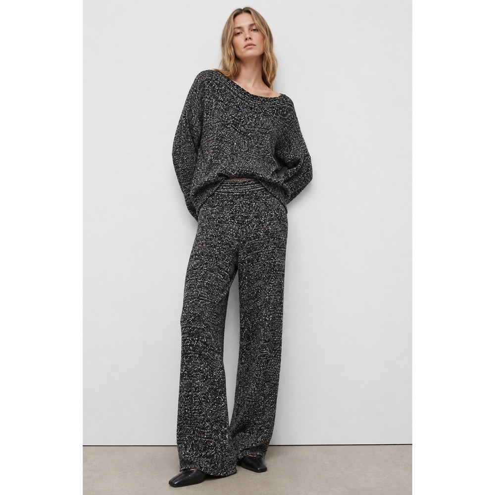 NWT Mango Nancy Marled Knit Wide Leg Pants‎ Black White High Waist Small Cozy